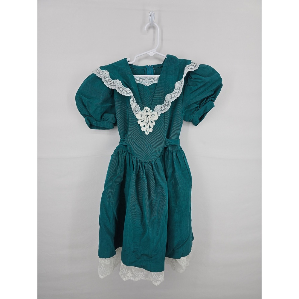 Vintage Jessica McClintock Girls Teal Green Lace Trim Party Dress Size 8 USA